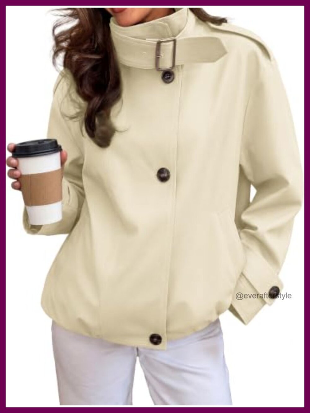 Women's Cropped Funnel Neck Trench Coat Button Elastic Waist
